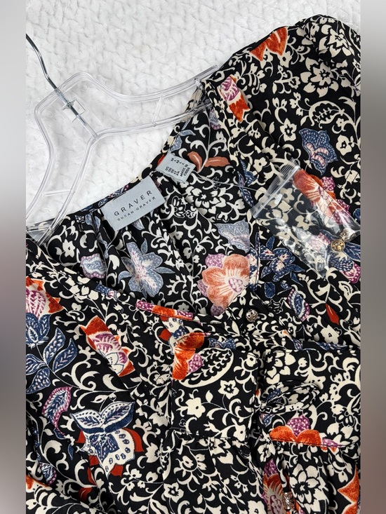 Susan Graver Tops - Susan Graver Floral Print Peasant Blouse Long Sleeve Black Multi Tunic Top M